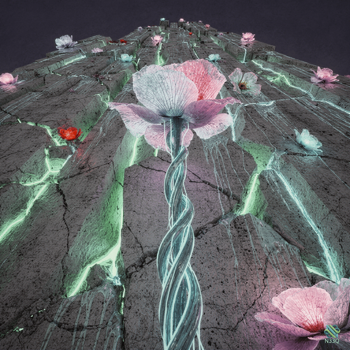 Pink Flower with Twisted Stem on Cracked Stone