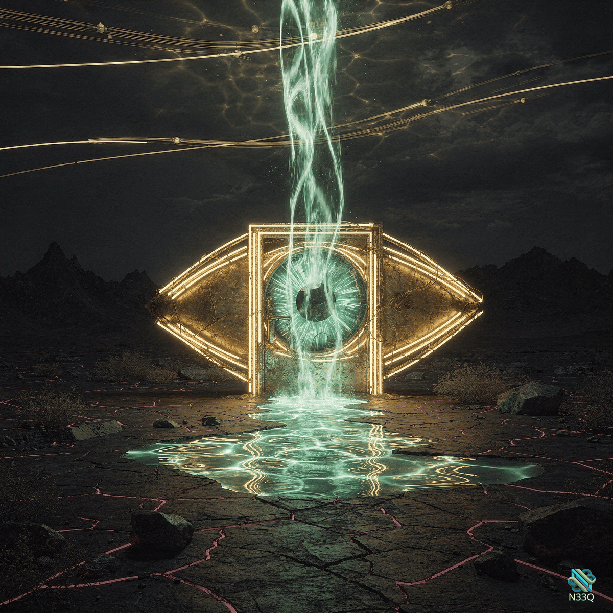 Neon Eye Portal Over Cracked Desert