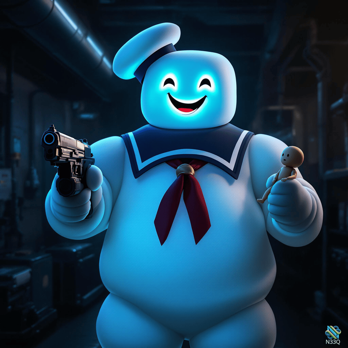Glowing Marshmallow Man Holding Gun and Doll