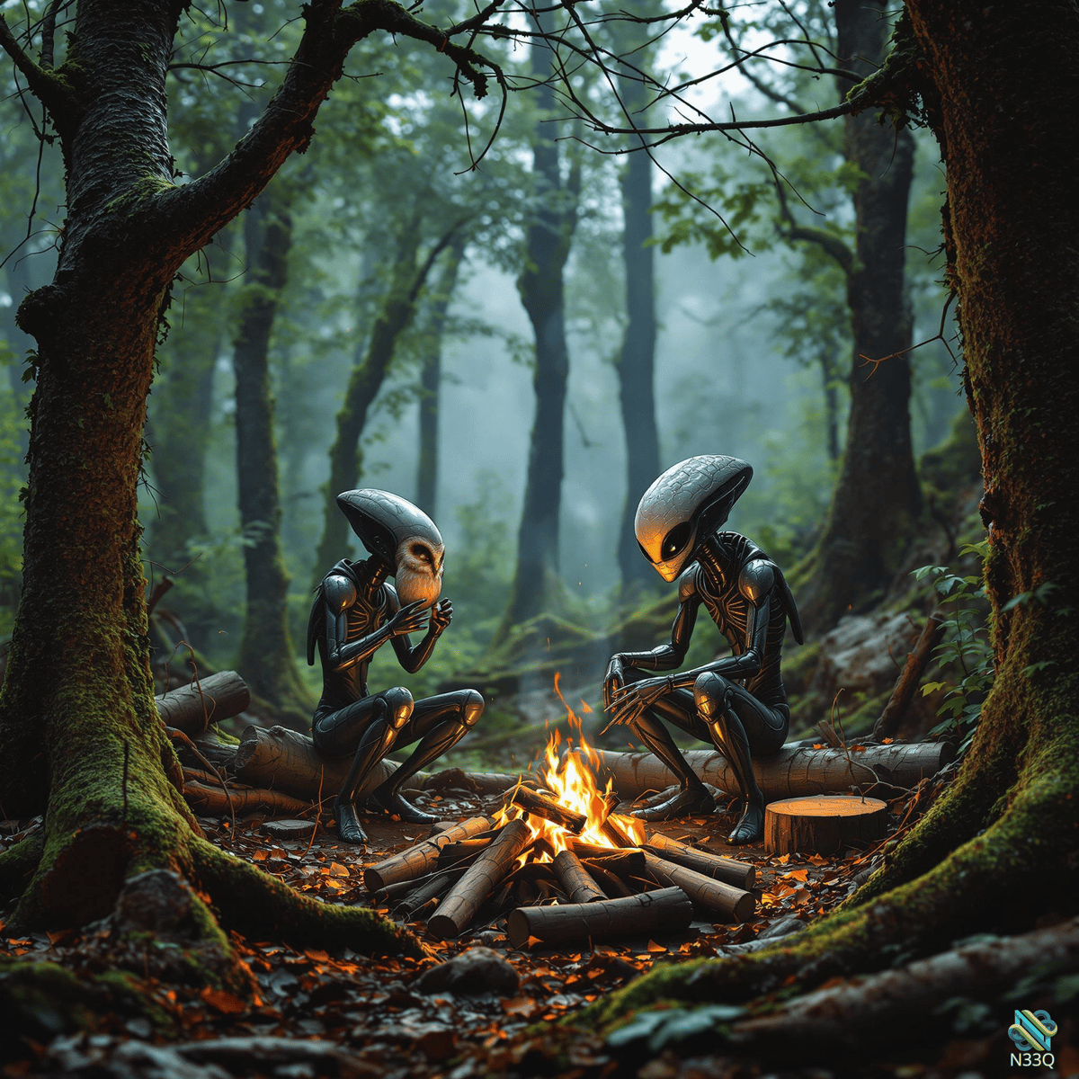 Two Grey Aliens by Forest Campfire
