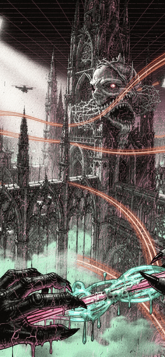Cybernetic Hands Grasping Neon Circuit in Gothic City
