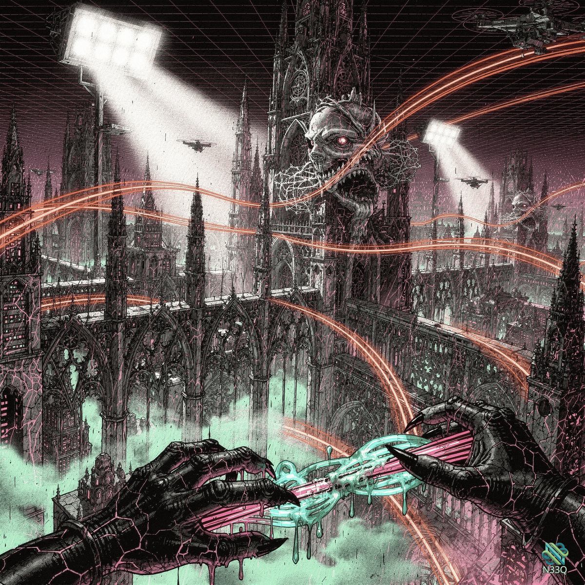 Cybernetic Hands Grasping Neon Circuit in Gothic City