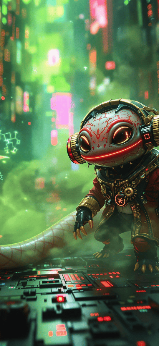 Robotic Lizard in Neon Cyberpunk Alley