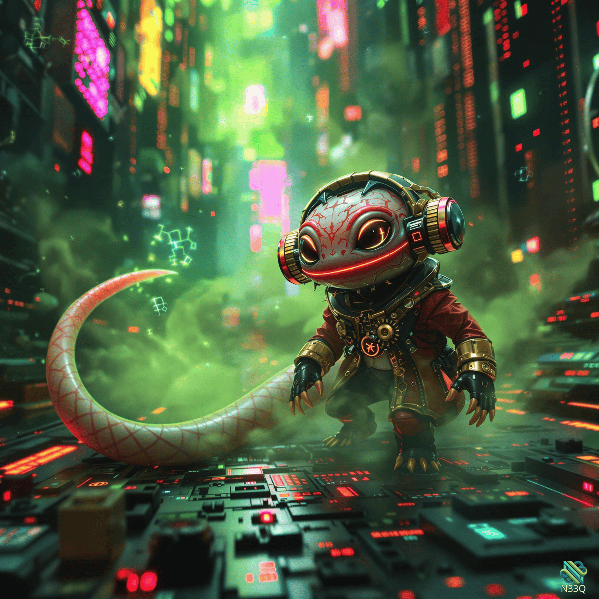 Robotic Lizard in Neon Cyberpunk Alley