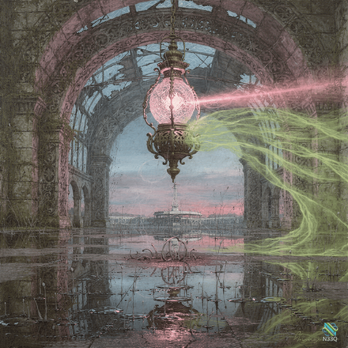 Glowing Lantern in Flooded Ornate Ruins