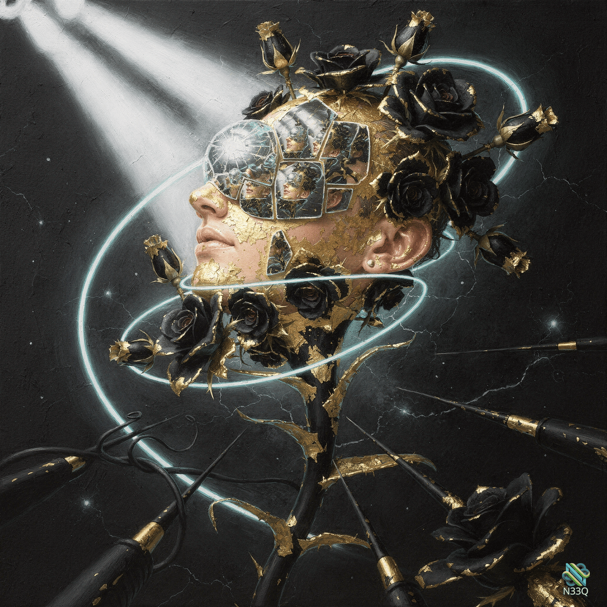 Shattered Head with Black Roses and Gold