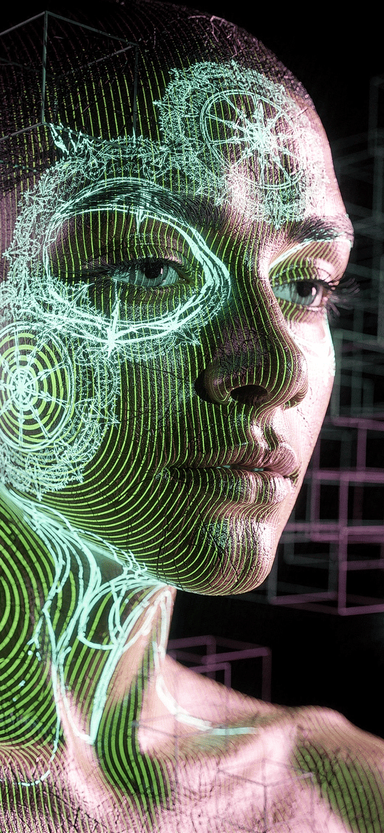 Woman with Glowing Green Circuit Patterns