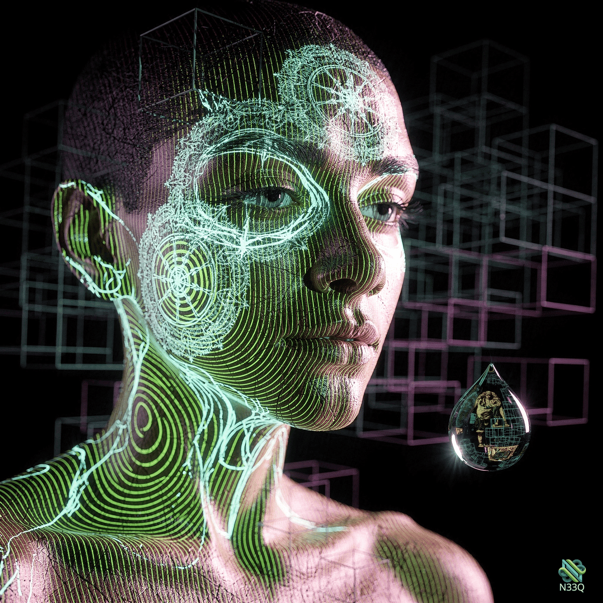 Woman with Glowing Green Circuit Patterns