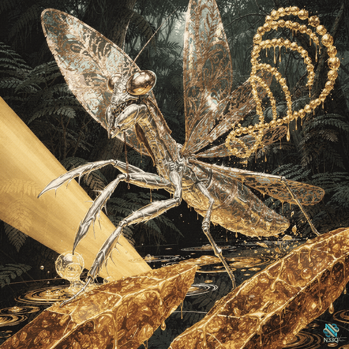 Metallic Praying Mantis Dripping Gold