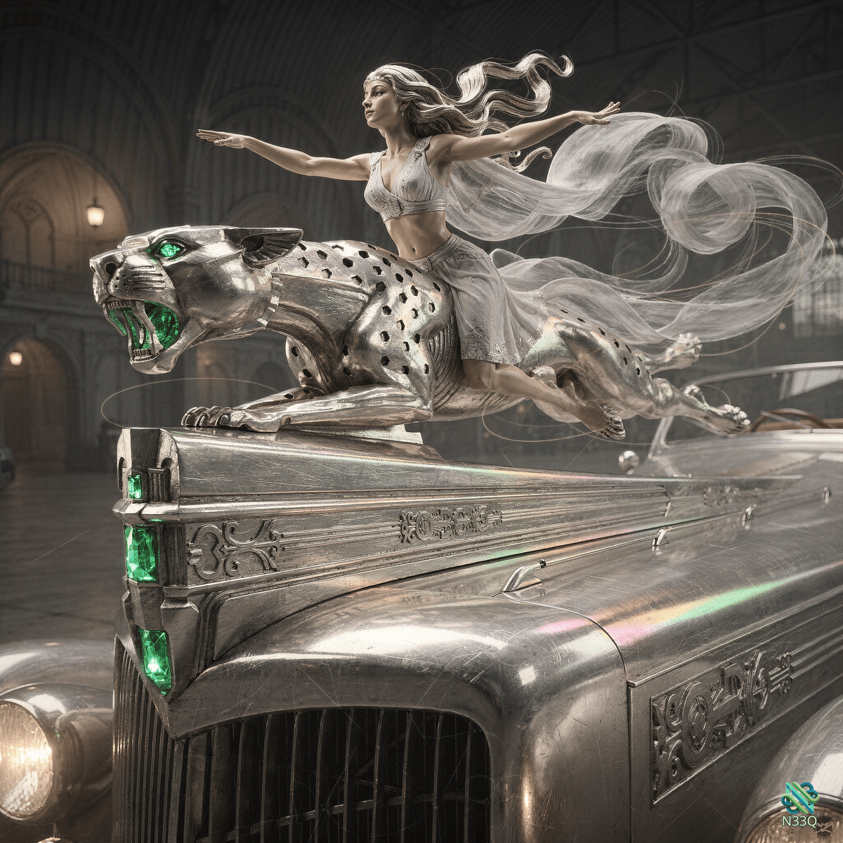 Woman Riding Metallic Leopard on Vintage Car