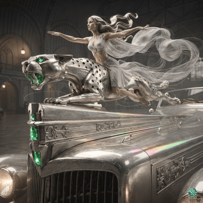 Woman Riding Metallic Leopard on Vintage Car