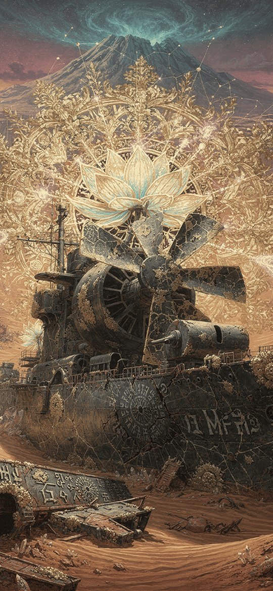 Mystical Lotus Over Rusty Mechanical Ship