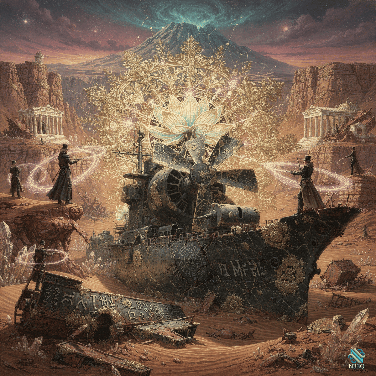 Mystical Lotus Over Rusty Mechanical Ship