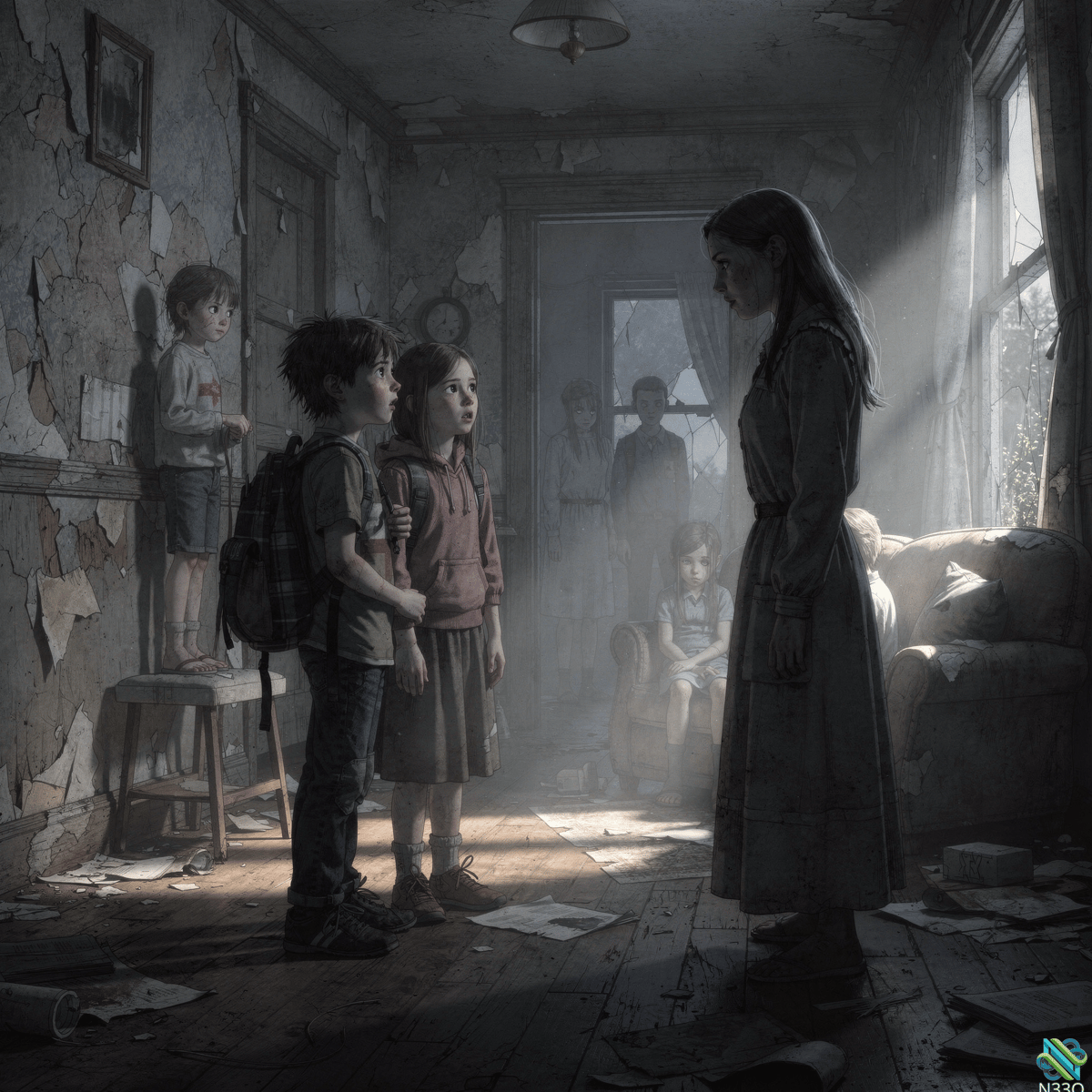 Woman and Children in Haunted Abandoned House