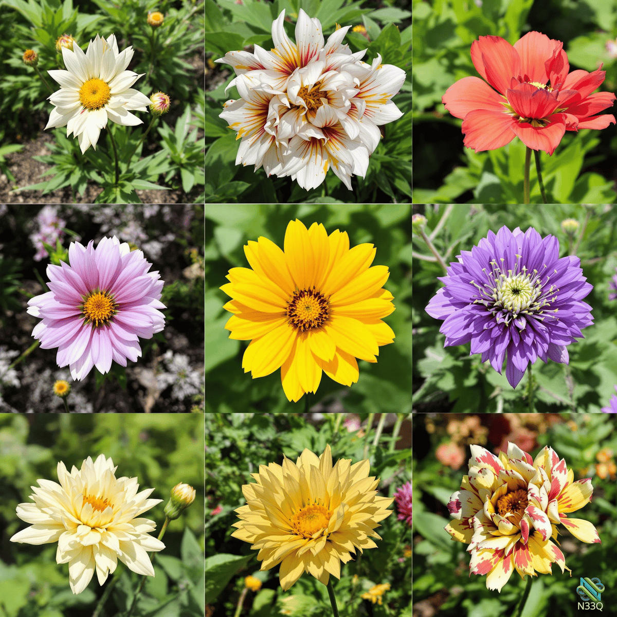 Grid of Nine Colorful Blooming Flowers