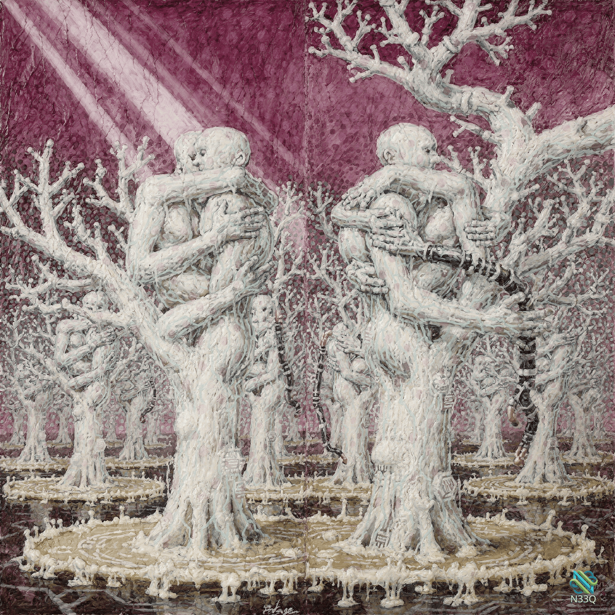Embracing White Tree Figures in Purple Forest