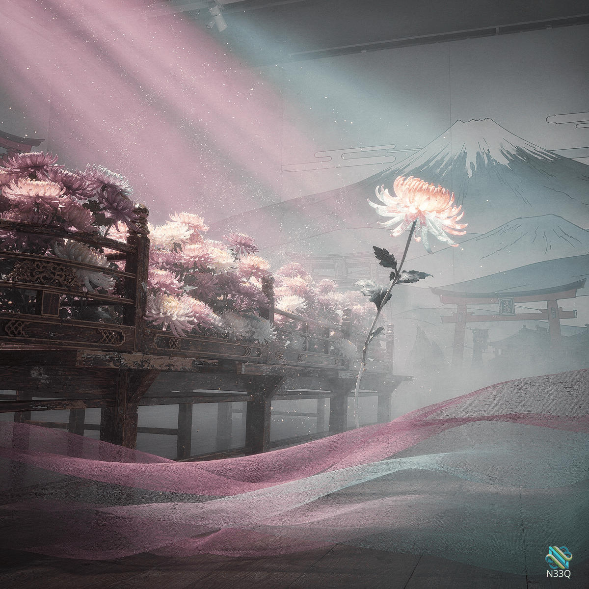 Chrysanthemums on Japanese Bridge with Mount Fuji