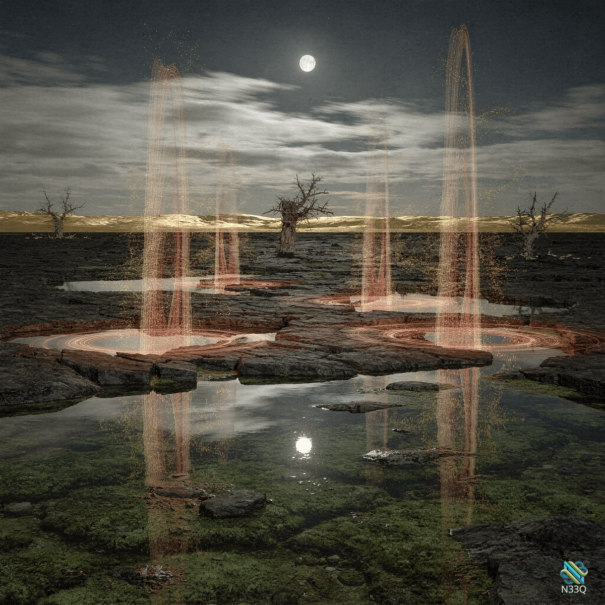 Glowing Fountains in Moonlit Wasteland