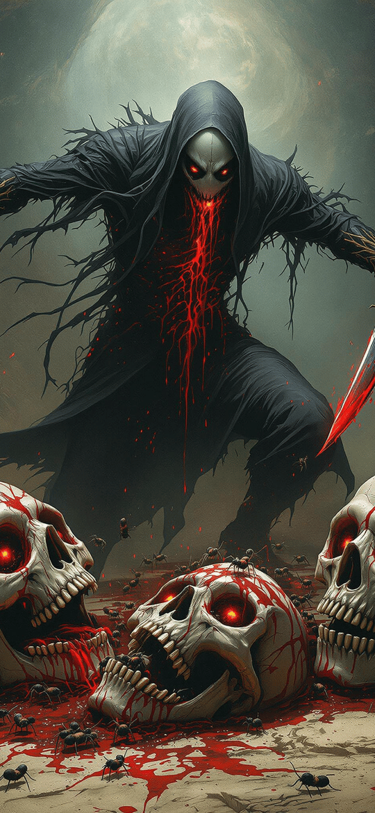 Hooded Reaper Over Bloodied Glowing Skulls