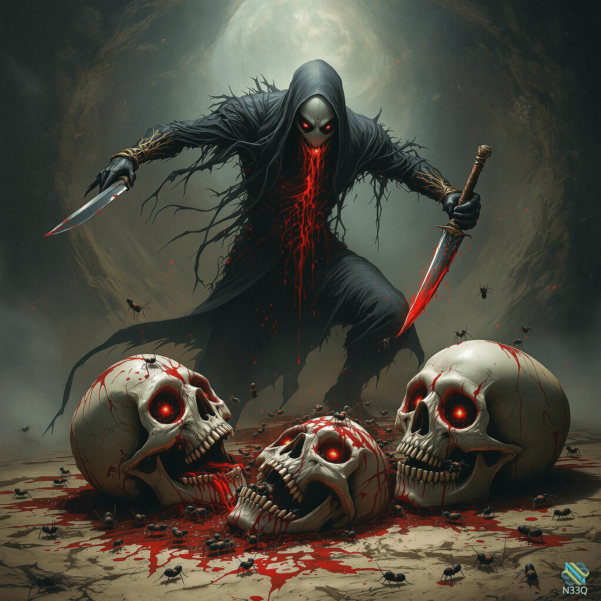 Hooded Reaper Over Bloodied Glowing Skulls