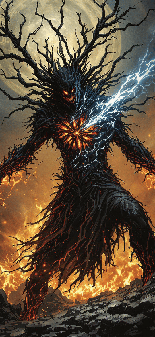 Lightning-Struck Fire Demon on Rocky Terrain