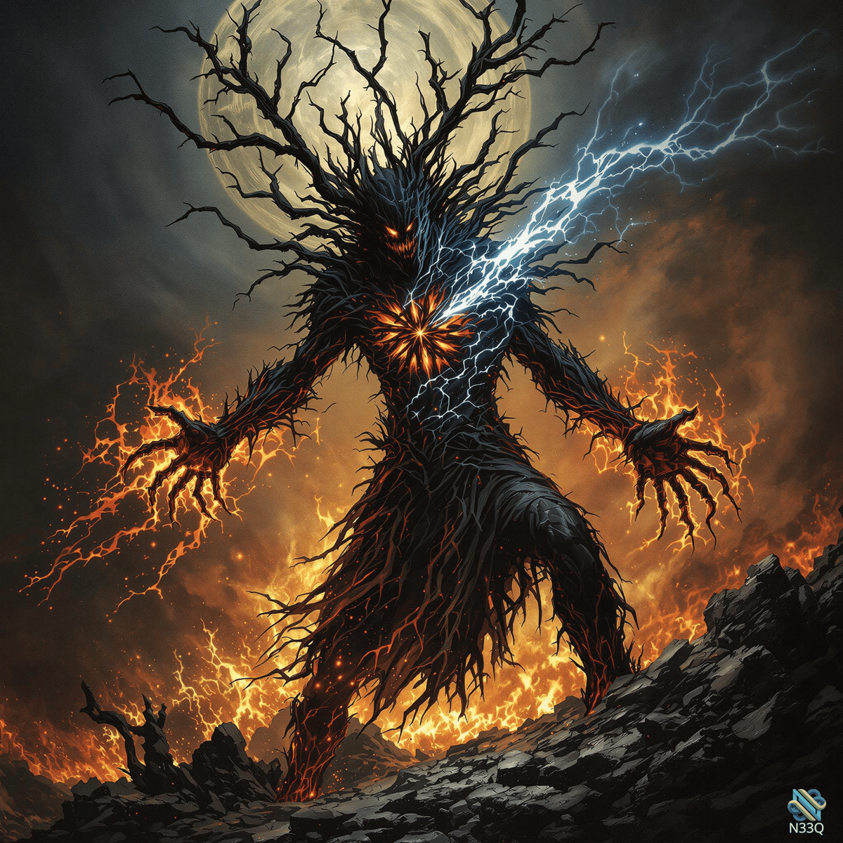 Lightning-Struck Fire Demon on Rocky Terrain
