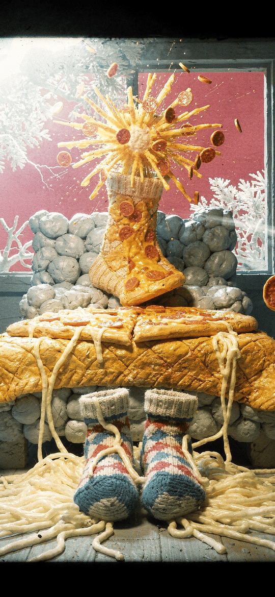 Exploding Pizza Boot on Stone Bed with Spaghetti Socks
