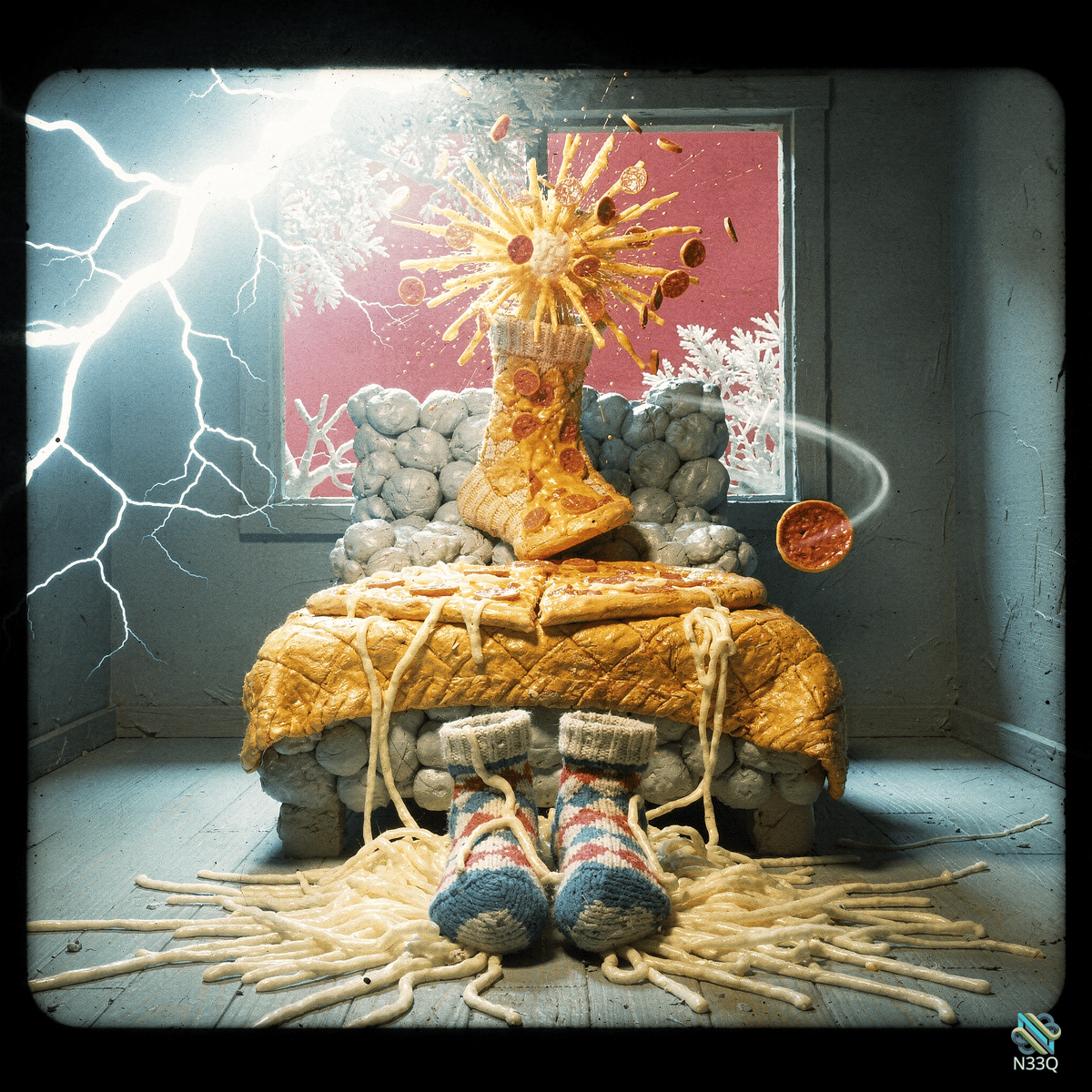 Exploding Pizza Boot on Stone Bed with Spaghetti Socks