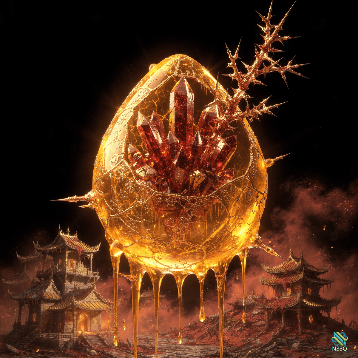 Thorny Golden Egg with Red Crystals