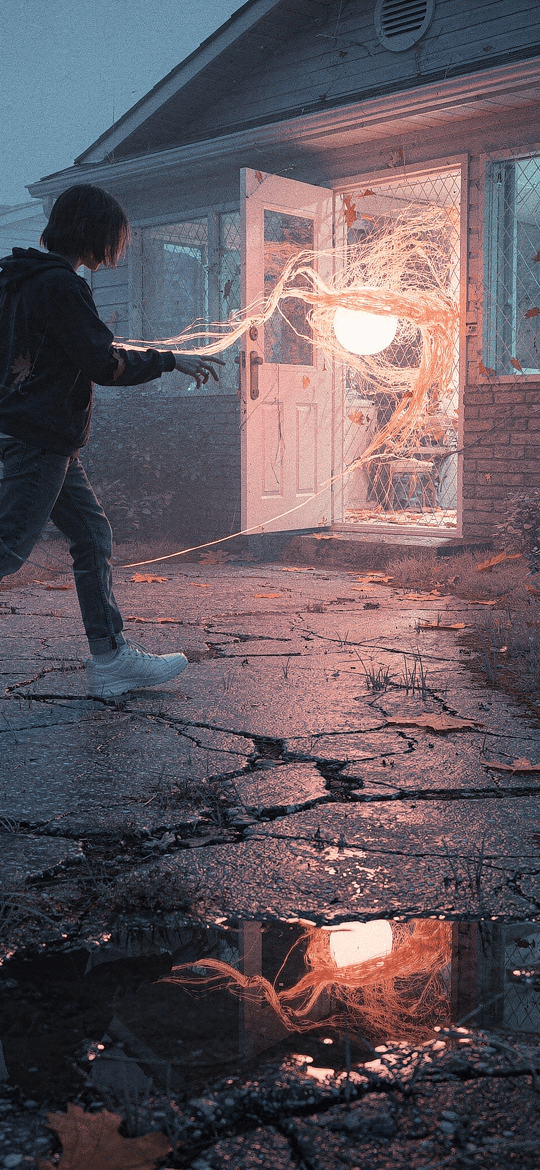 Figure Pulling Glowing Threads from a House Doorway