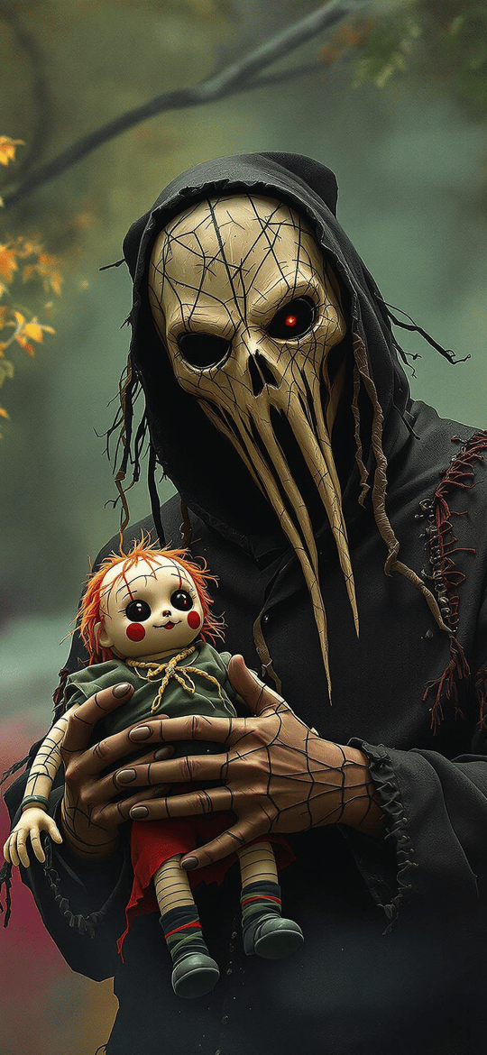 Hooded Skull Figure Holding a Doll
