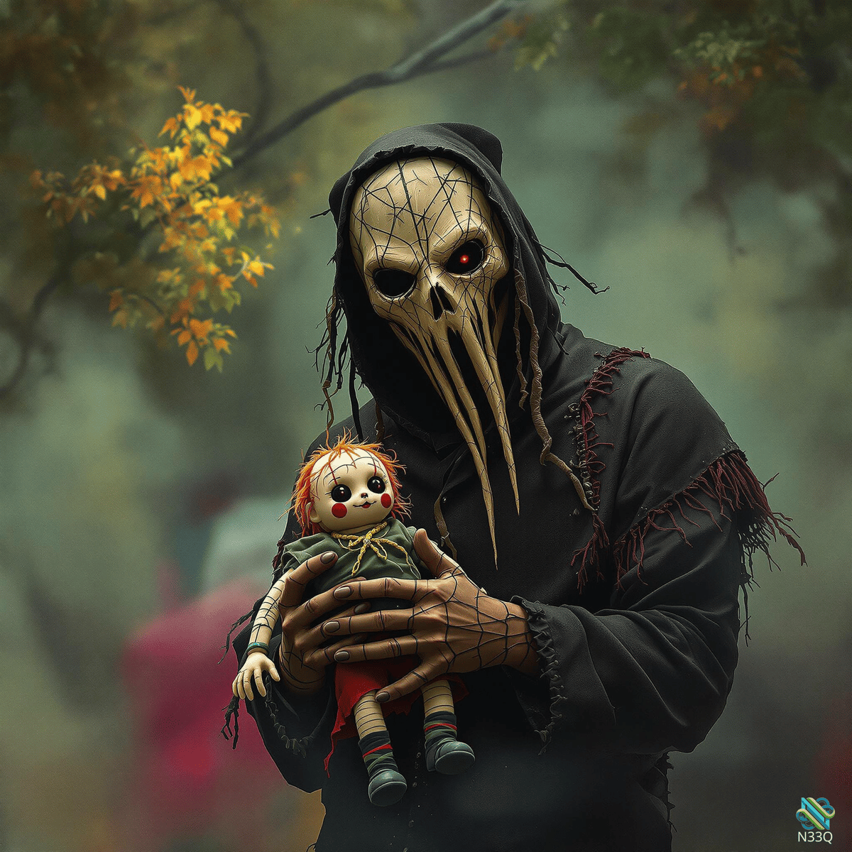 Hooded Skull Figure Holding a Doll