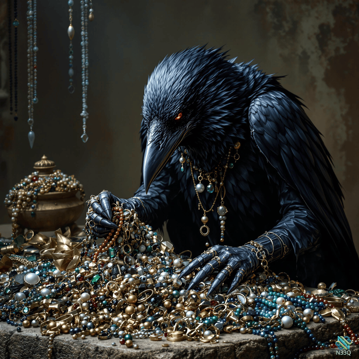 Black Raven Sorting Golden Jewelry
