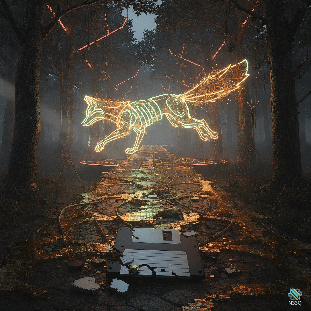 Neon Skeletal Fox Over Forest Path