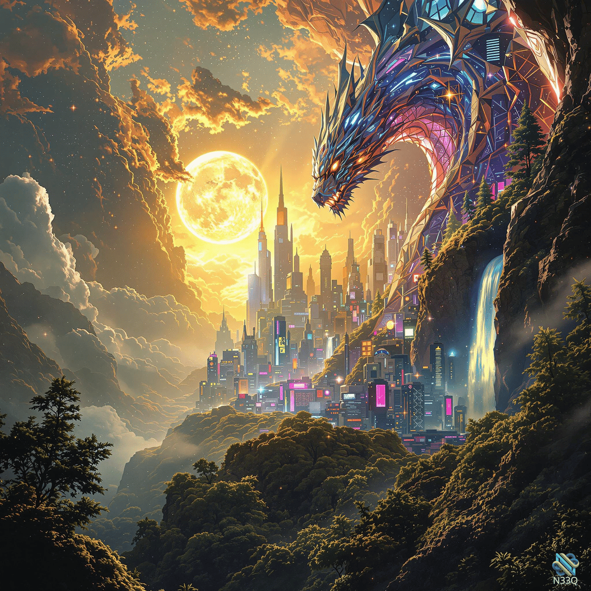 Crystal Dragon Over Neon Futuristic City
