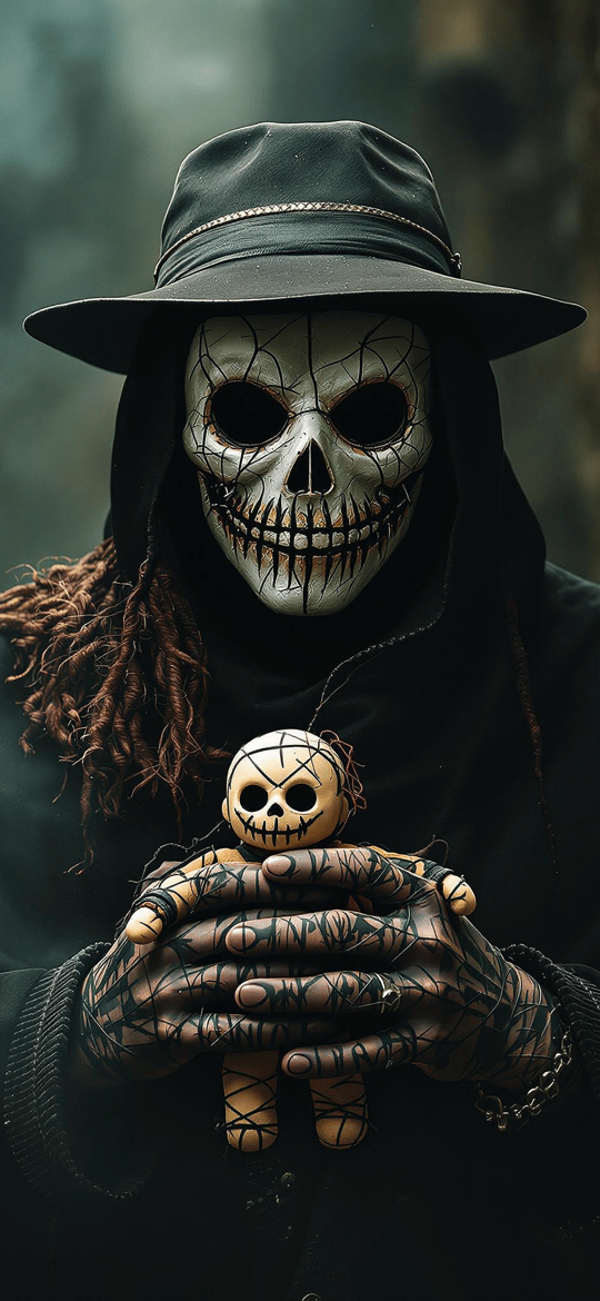 Hooded Skull Mask Figure Holding Voodoo Doll