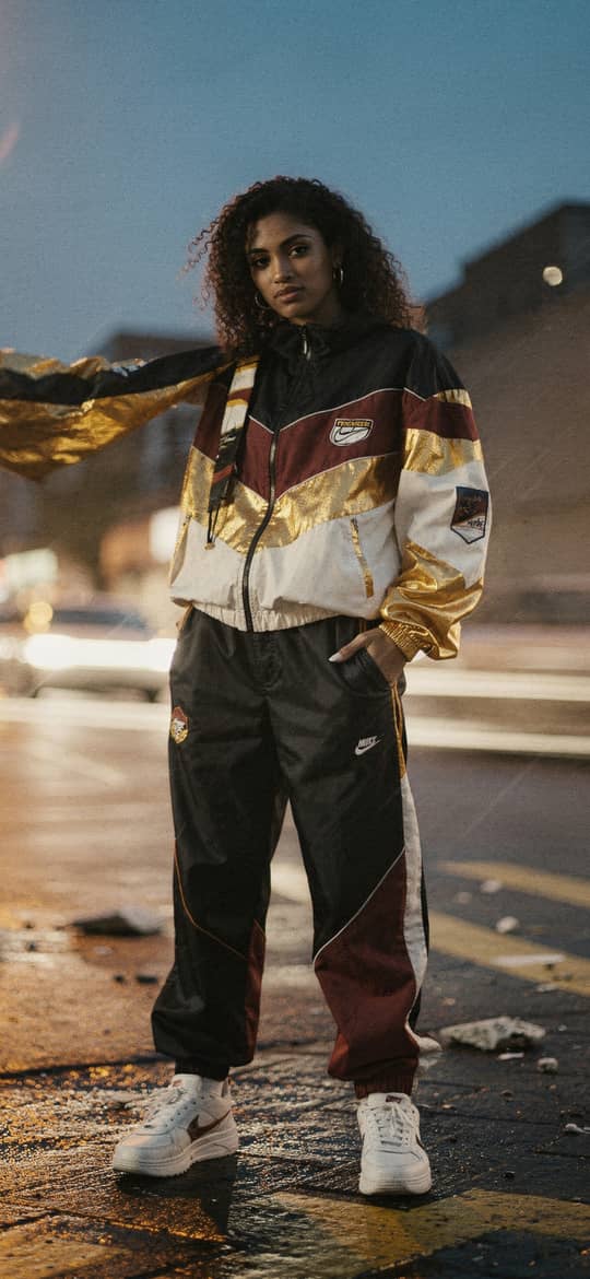 Woman in Gold Tracksuit on Wet Street