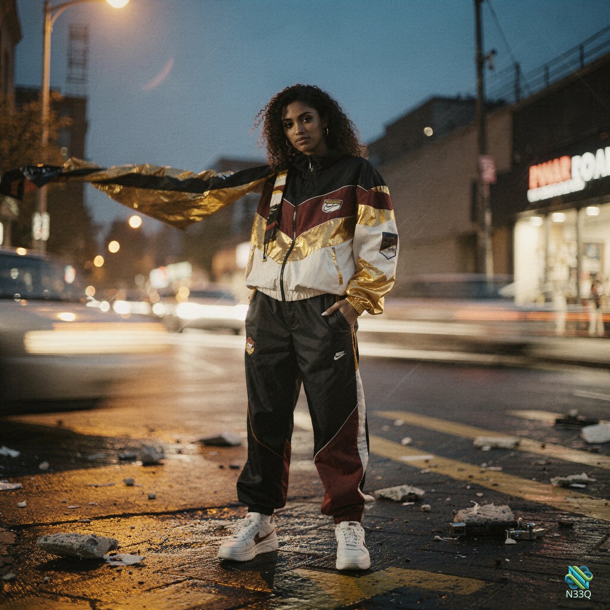 Woman in Gold Tracksuit on Wet Street