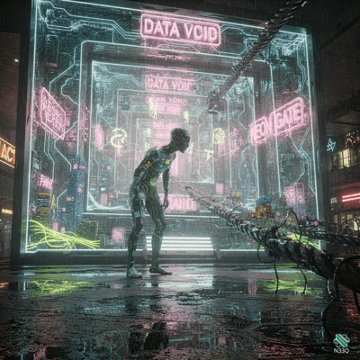 Stooped Android Before a Neon Data Void Screen