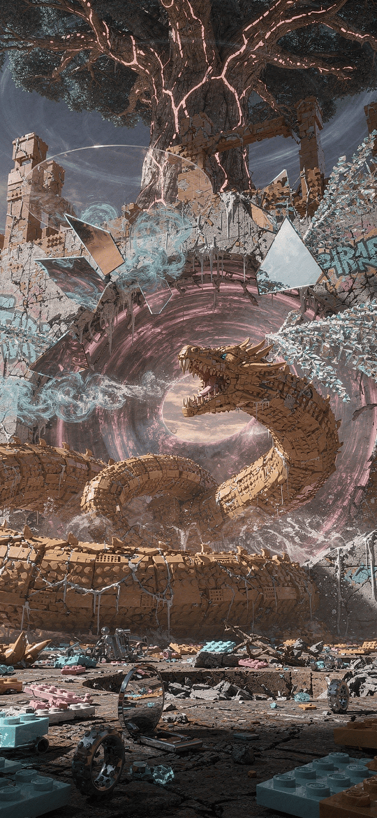 Giant Brick Serpent Destroying Ruined Fortress