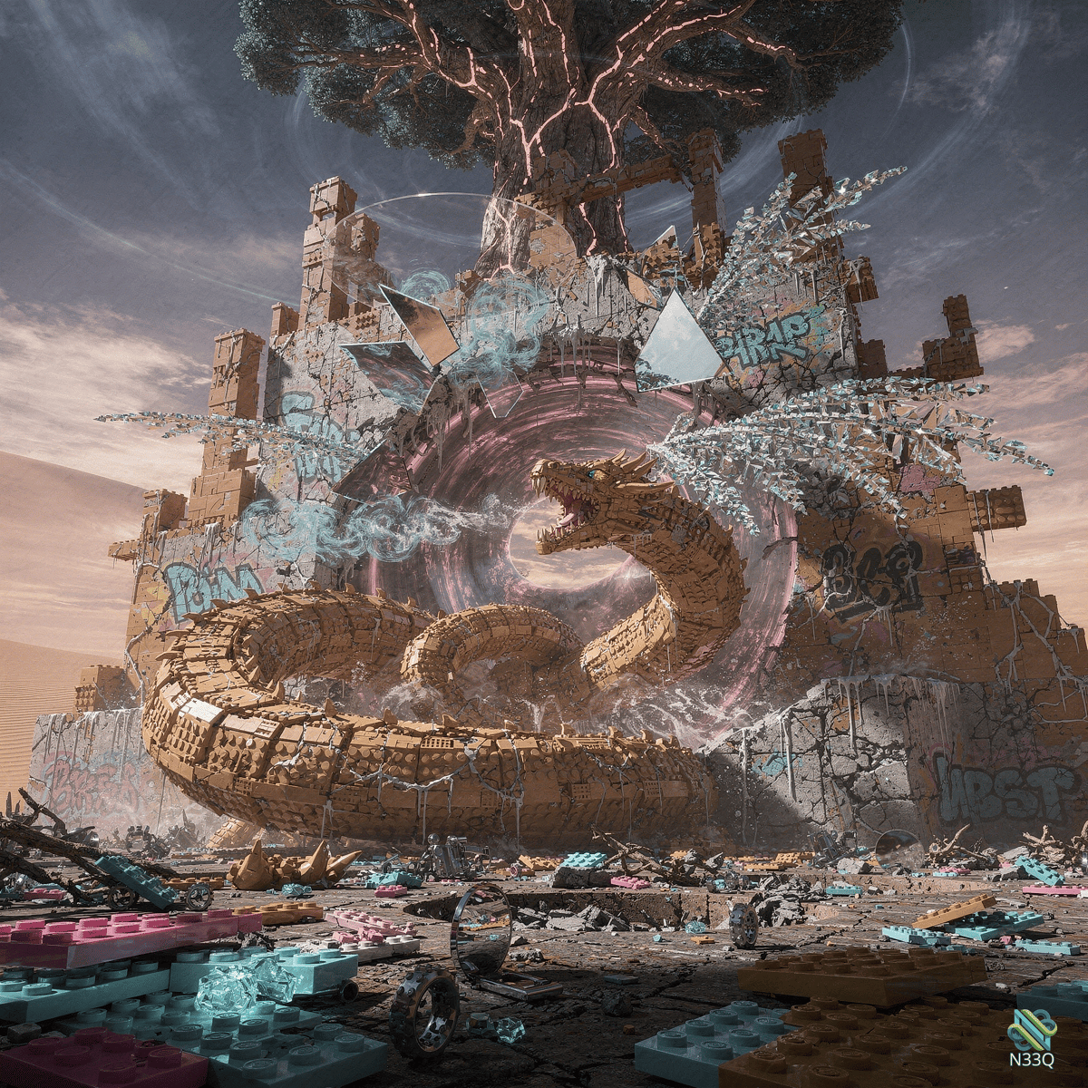 Giant Brick Serpent Destroying Ruined Fortress