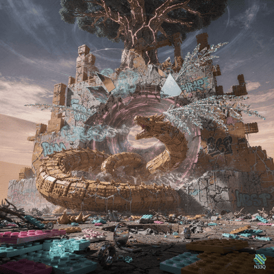 Giant Brick Serpent Destroying Ruined Fortress