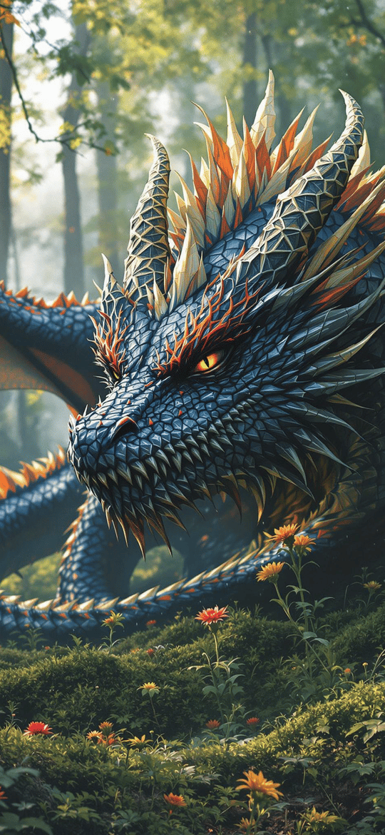 Blue Dragon Coiled in Forest Flowers