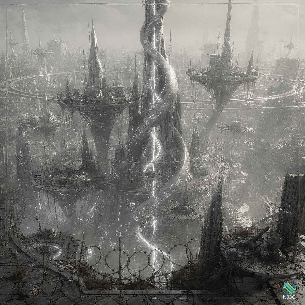 Glowing Twisted Spire in Foggy Ruins