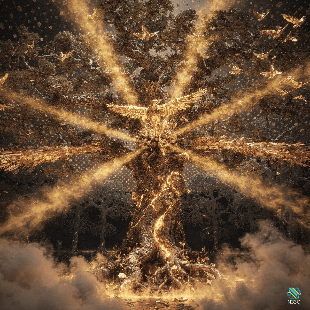 Golden Phoenix Rising from Radiant Tree