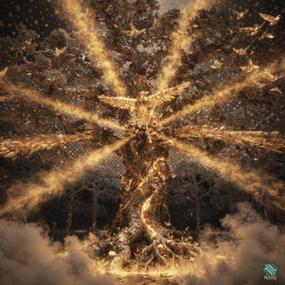 Golden Phoenix Rising from Radiant Tree