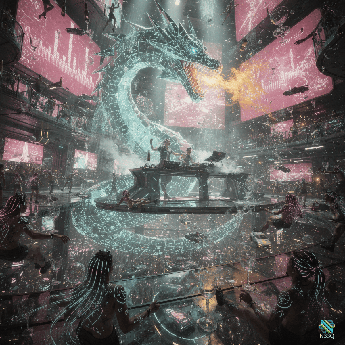 Cyber Dragon Coils Around Neon DJ Booth