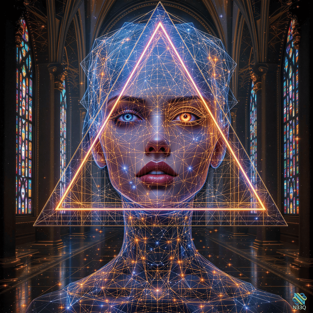 Woman with Glowing Triangle in Cathedral