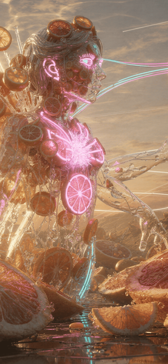 Neon Glowing Woman Amid Exploding Citrus