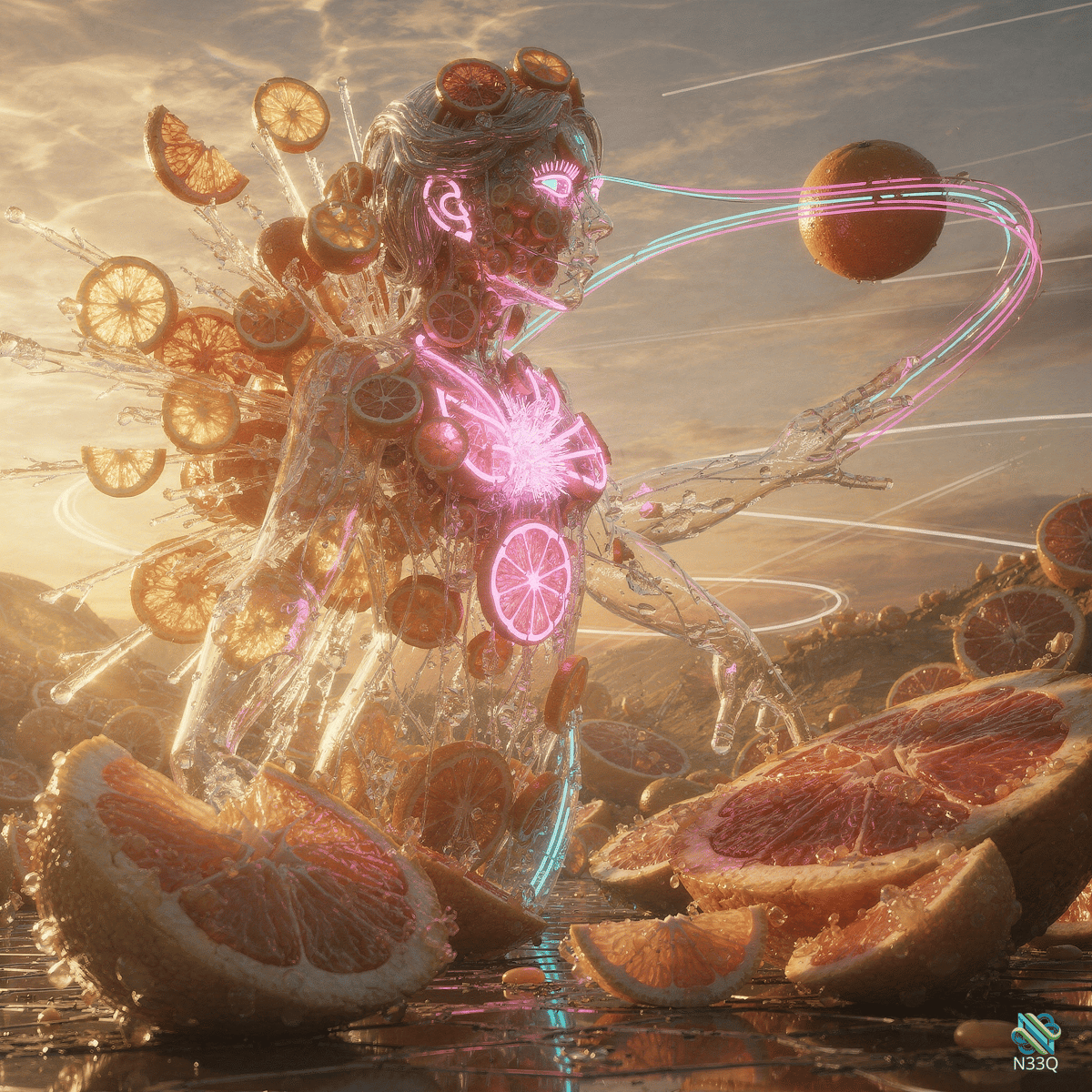 Neon Glowing Woman Amid Exploding Citrus